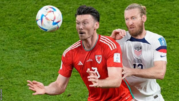 Wales striker Kieffer Moore and USA defender Tim Ream